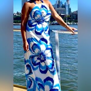 Belle Badgley Mischka Brilliant Beaded Plumeria Halter Neck Chiffon Maxi Dress